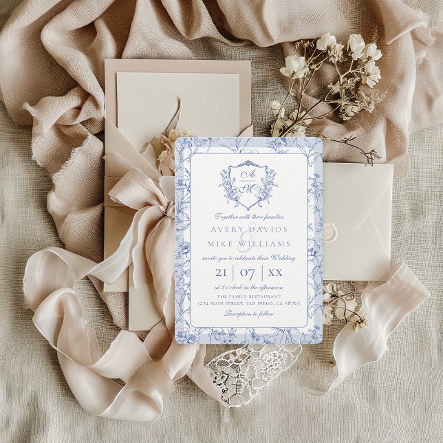 Invitación Escudo Vintage Dusty Blue Rosas Boda (Subido por el creador)