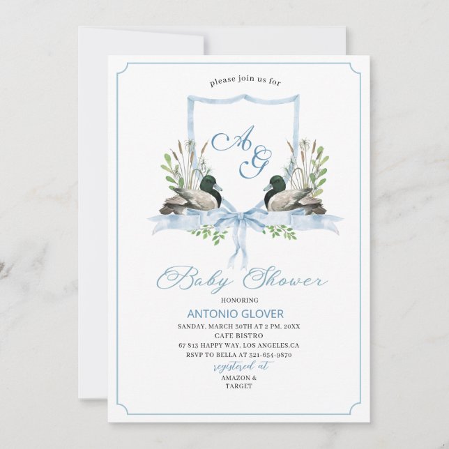 Invitación Escudos de acuarela Blue Duck Mallard Baby Shower (Anverso)