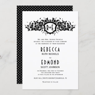 Invitación Escudos heráldicos florales de color blanco negro