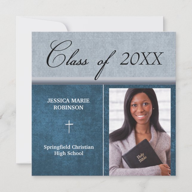 Invitación Escuela Cristiana Paroquial Foto Graduada Azul (Anverso)