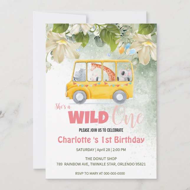 Invitación Escuela Cute Wild One safari Bus primera flora de  (Anverso)