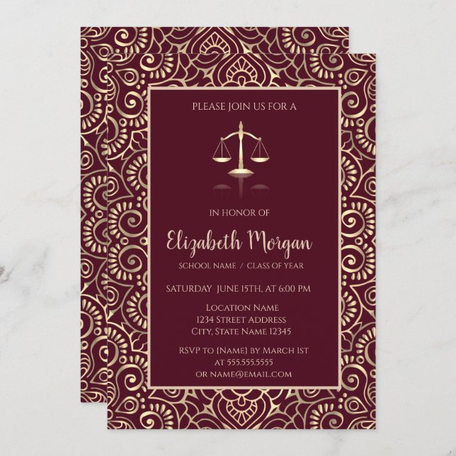 Invitación Escuela de Derecho Gold Mandala Graduación de Borg (Anverso / Reverso)