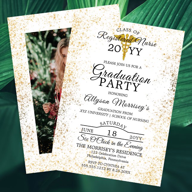 Invitación Escuela de Enfermería de fotos de Gold Flecks | Gr (Faux Gold Flecks Photo Nursing School | Medical Graduation Party Invitation - Print | Digital)
