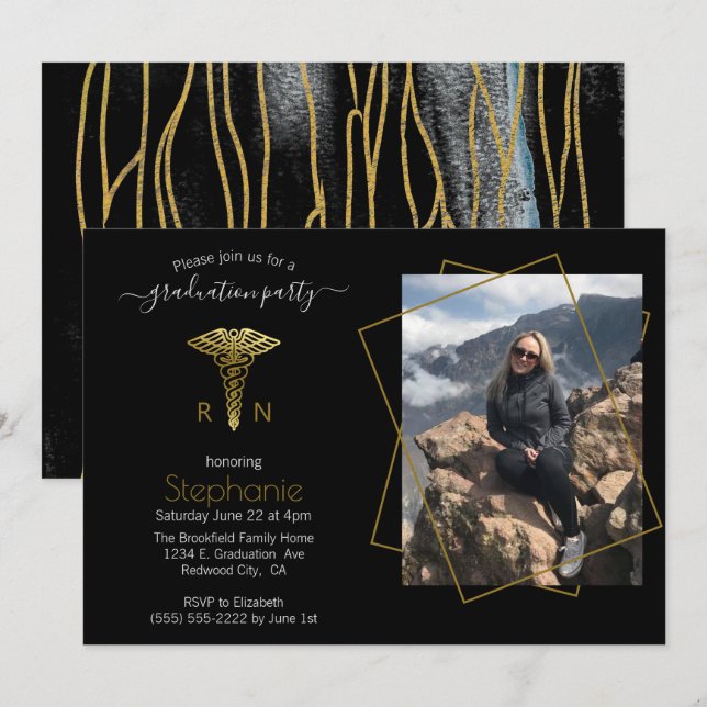 Invitación Escuela de enfermería Foto Graduación de Oro Negro (Anverso / Reverso)