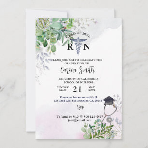 Invitación Escuela de enfermería Graduación Floral Morado Bot