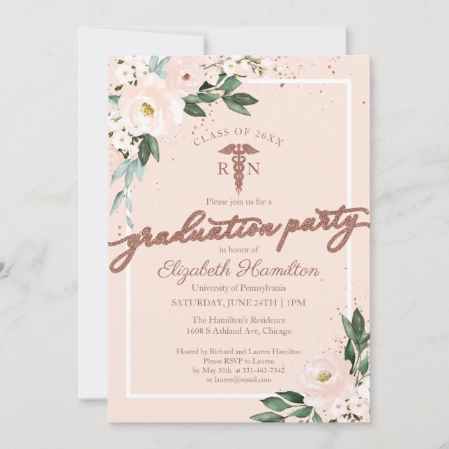 Invitación Escuela de Enfermería Médica Fiesta Grad Floral Ro (Anverso)