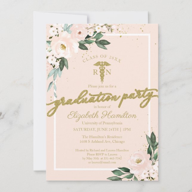 Invitación Escuela de Enfermería Médica Fiesta Grad Floral Ro (Anverso)