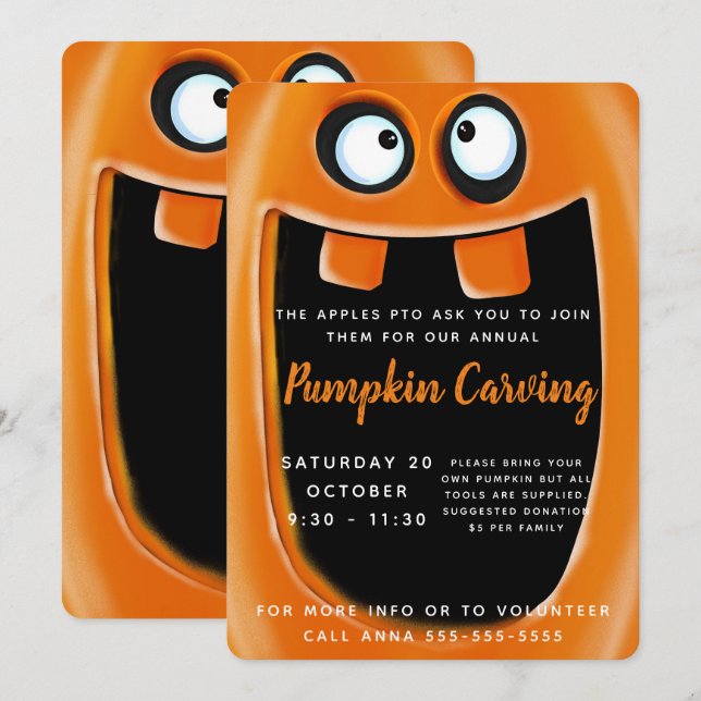 Invitación escuela de tallado de calabaza fiesta de halloween (Anverso / Reverso)
