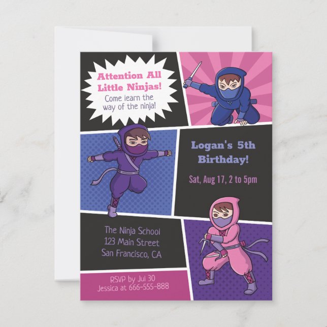 Invitación Escuela Guay Ninja Fiesta de cumpleaños (Anverso)