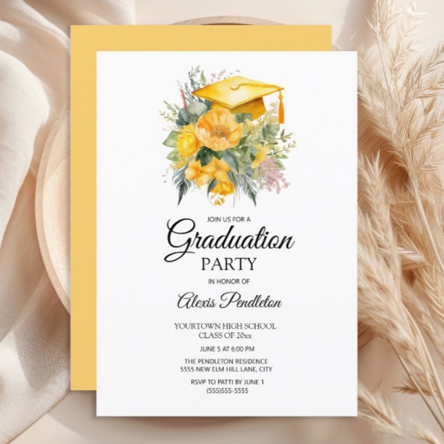 Invitación Escuela Secundaria de Cap Floral Amarillo (Yellow graduation cap party invitation)