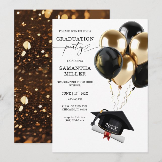 Invitación Escuela secundaria de graduación de oro y negro (Anverso / Reverso)