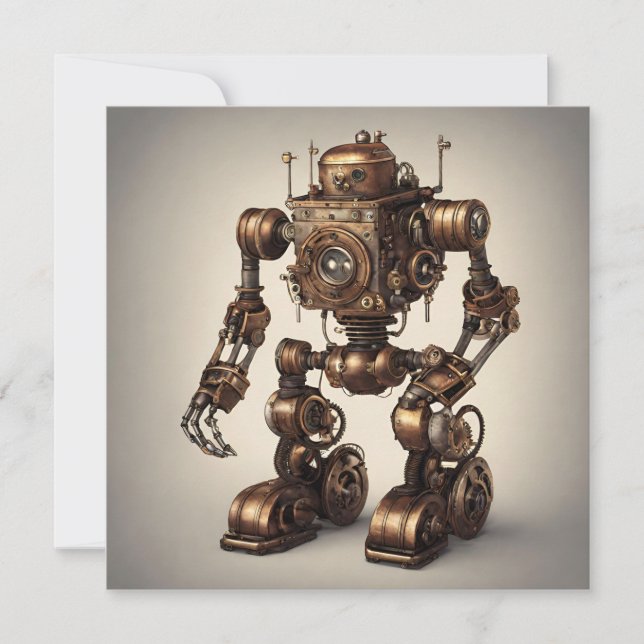 Invitación Escultura de Robot Steampunk de Bronce (Anverso)