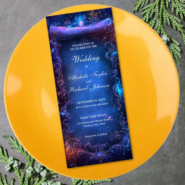 Invitación Escurrimiento de Boda de cuento de hadas en el bos (enchanted magic blue and purple scroll wedding invitation)