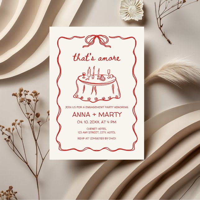 Invitación Ese es el Partido de Compromiso Rojo ilustrado a m (That's amore Hand-drawn Hand-illustrated Engagement Party Invitation)