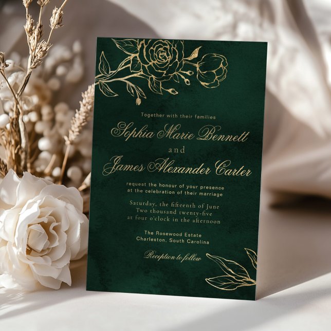 Invitación Esmeralda botánica y boda elegante de oro (Subido por el creador)