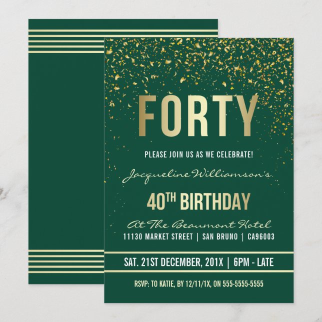 Invitación Esmeralda | Confetti de oro 40.º Fiesta de cumplea (Anverso / Reverso)