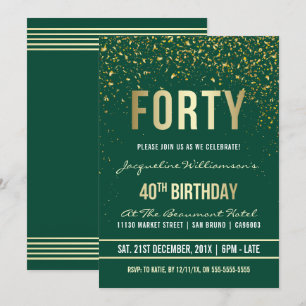 Invitación Esmeralda   Confetti de oro 40.º Fiesta de cumplea