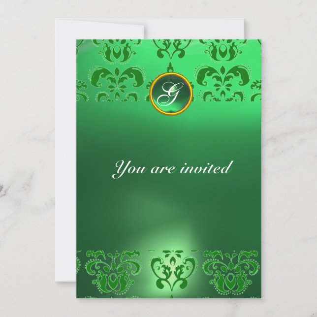 Invitación ESMERALDA DAMASCO GEMA PIEDRA MONOGRAMA verde (Anverso)