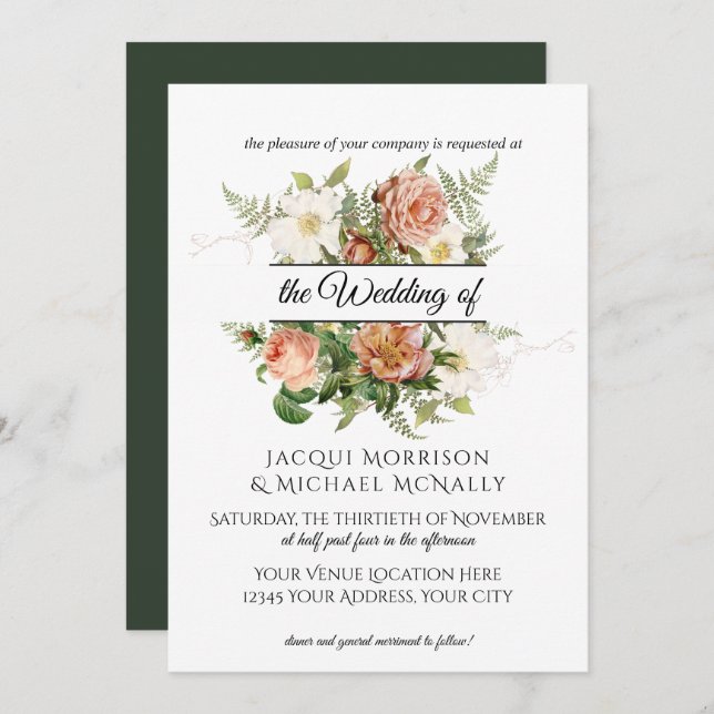 Invitación Esmeralda en Rubor Peony, Rosas con Fern Wreath Bo (Anverso / Reverso)