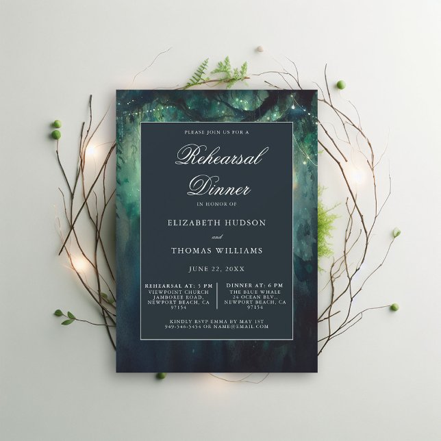 Invitación Esmeralda Esmeralda encantada Cena elegante de ens (wedding rehearsal dinner invitation enchanted forest secret garden magical theme emerald gold)