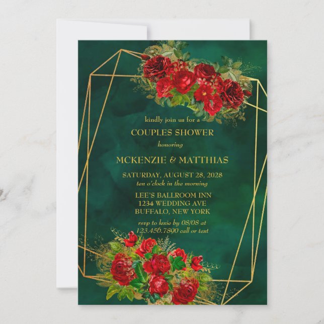 Invitación Esmeralda Gold Geometric Red Florines Ducha Pareja (Anverso)