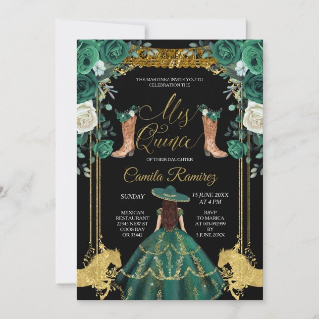 Invitación Esmeralda Green & Gold Charra Mis Quince (Anverso)