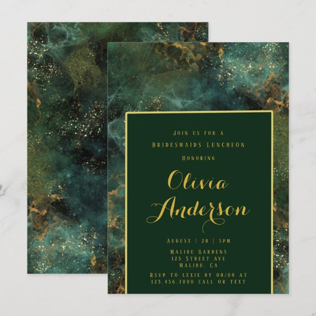 Invitación Esmeralda Green & Gold Fleck Bridesmaids Luncheon (Anverso / Reverso)