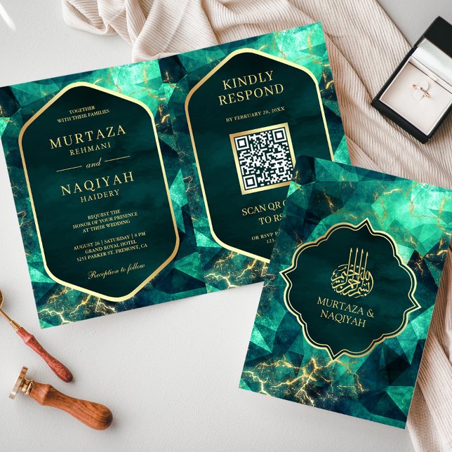 Invitación Esmeralda Green Gold Gemstone Código QR Boda Musul (Subido por el creador)