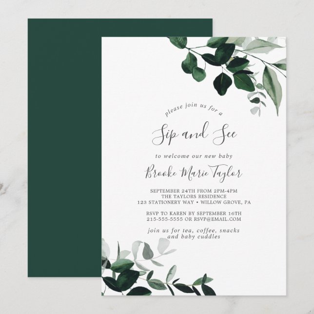 Invitación Esmeralda Green Sip and See (Anverso / Reverso)