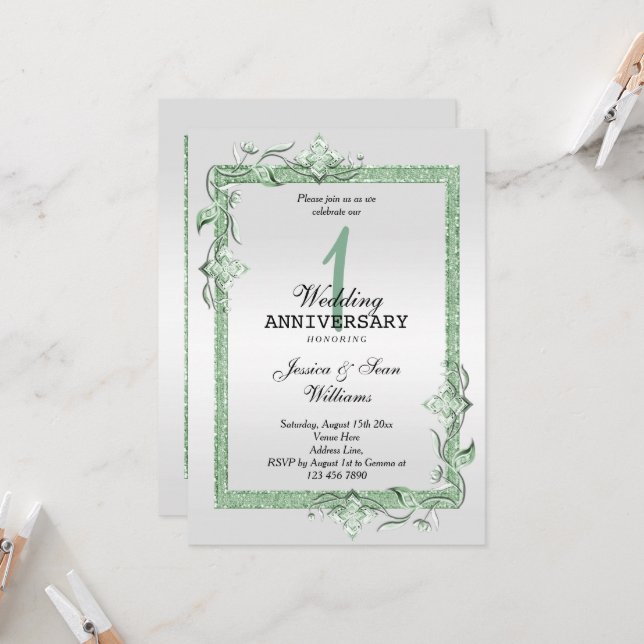 Invitación Esmeralda Joya y Brillo y Platino 1er Boda (Anverso/Reverso In Situ)