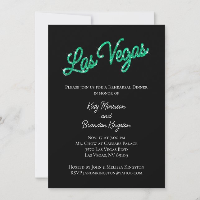 Invitación Esmeralda Las Vegas Sparkles Ensayo Cena (Anverso)