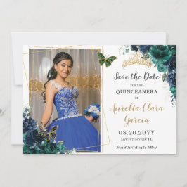 Invitación Esmeralda Naval Floral Quinceañera Foto Guardar la