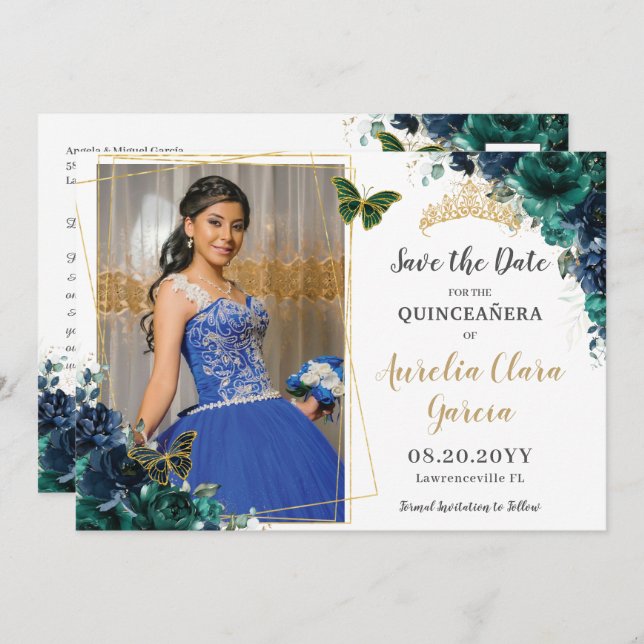 Invitación Esmeralda Naval Flores Quinceañera Pic Guardar la  (Anverso / Reverso)