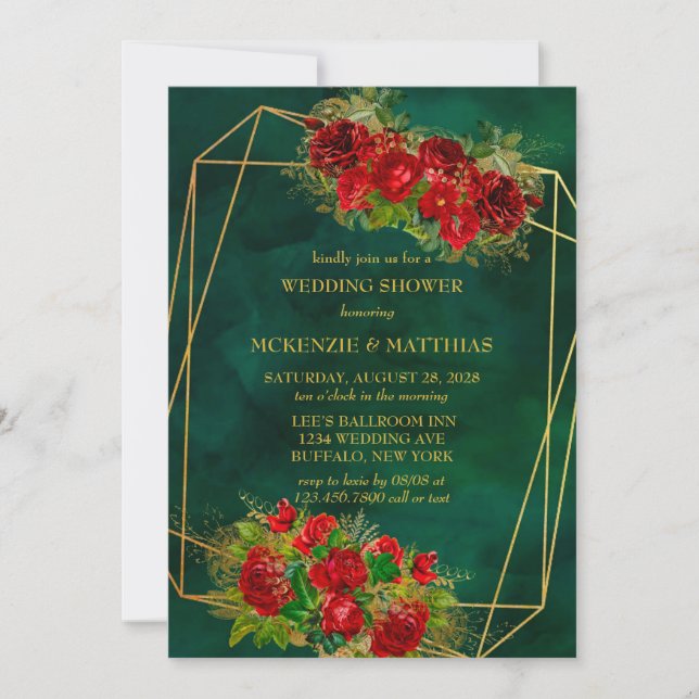 Invitación Esmeralda Oro Geométrico Florals Rojo Ducha de Bod (Anverso)