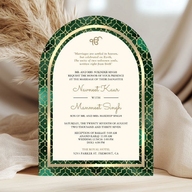 Invitación Esmeralda Oro Marroquí QR Código Sikh Arch Boda (Subido por el creador)