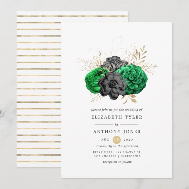 Invitación Esmeralda oscura y Boda floral de oro (Anverso / Reverso)