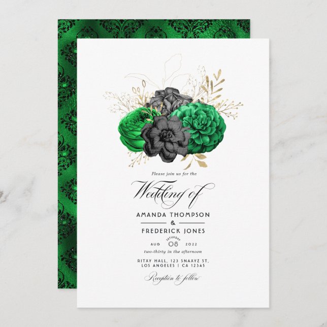 Invitación Esmeralda oscura y Boda floral de oro (Anverso / Reverso)