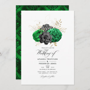 Invitación Esmeralda oscura y Boda floral de oro