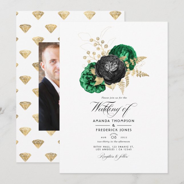 Invitación Esmeralda oscura y Boda floral de oro (Anverso / Reverso)