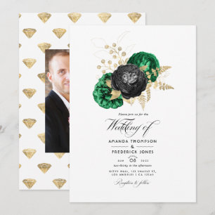 Invitación Esmeralda oscura y Boda floral de oro