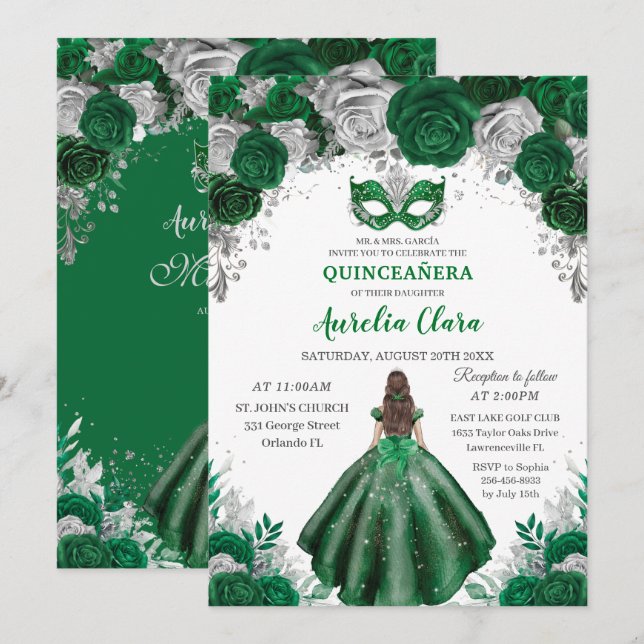Invitación Esmeralda Plata Floral Masquerade Ball Quinceañera (Anverso / Reverso)