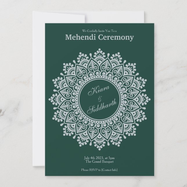 Invitación Esmeralda plateada personalizable Mehendi Henna In (Anverso)
