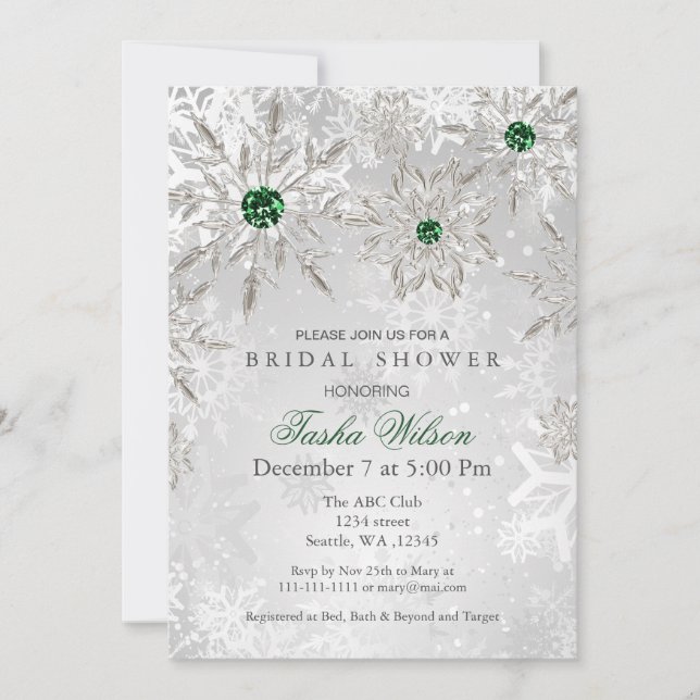 Invitación Esmeralda plateada Snowflakes Wind Bridal Shower (Anverso)