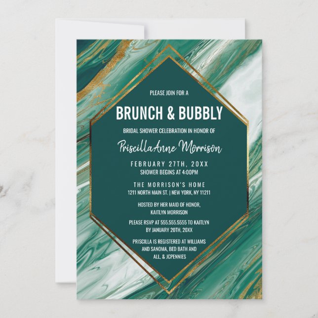 Invitación Esmeralda Resumen de oro Agate Marble Brunch Bubbl (Anverso)