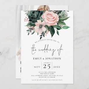 Invitación Esmeralda Rubor Floral Photo Overlay QR Code Boda