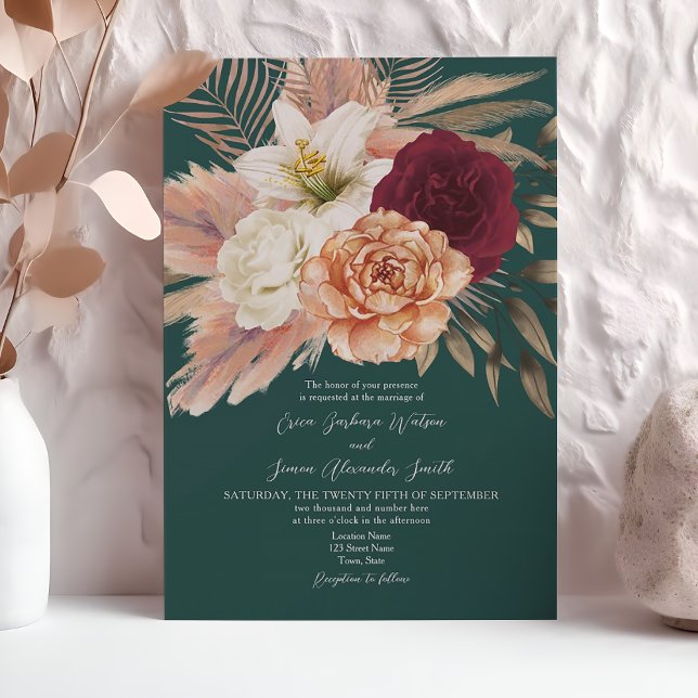 Invitación Esmeralda rústica y Boda floral borgoña (Subido por el creador)