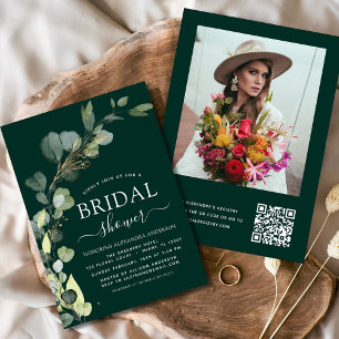 Invitación Esmeralda Verde Ducha de novia QR Código Eucalyptu