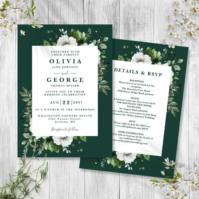 Invitación Esmeralda Verde Elegante Floral Todo En Un Boda (Subido por el creador)