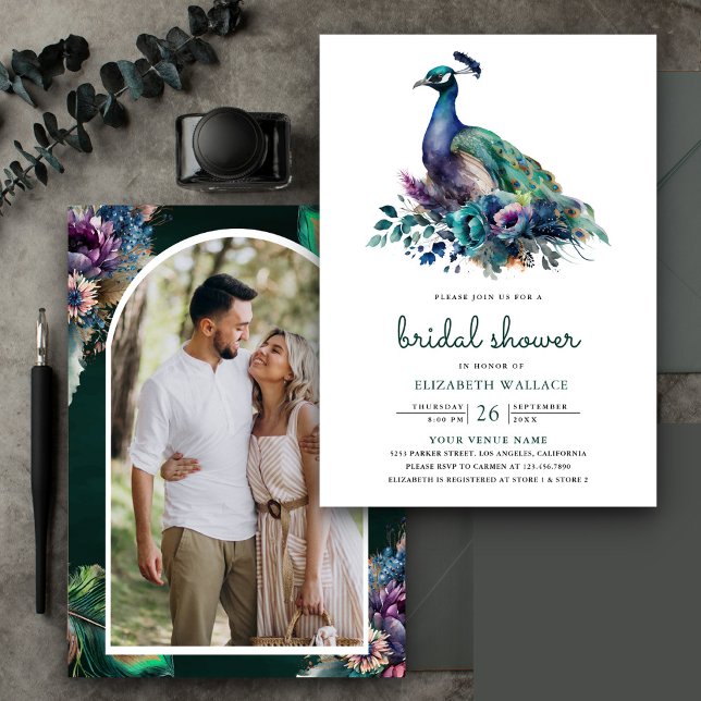 Invitación Esmeralda Verde Floral Peacock Foto Ducha de novia (Subido por el creador)