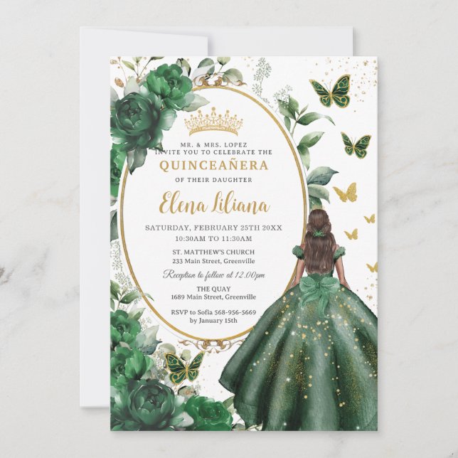 Invitación Esmeralda Verde Floral Princesa Vestido Quinceañer (Anverso)